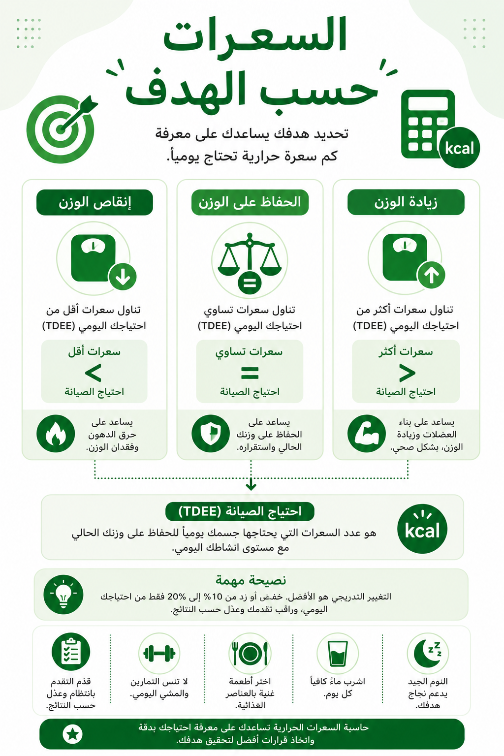 إنفوجرافيك عربي يوضح سعرات التنشيف والحفاظ وزيادة الوزن.