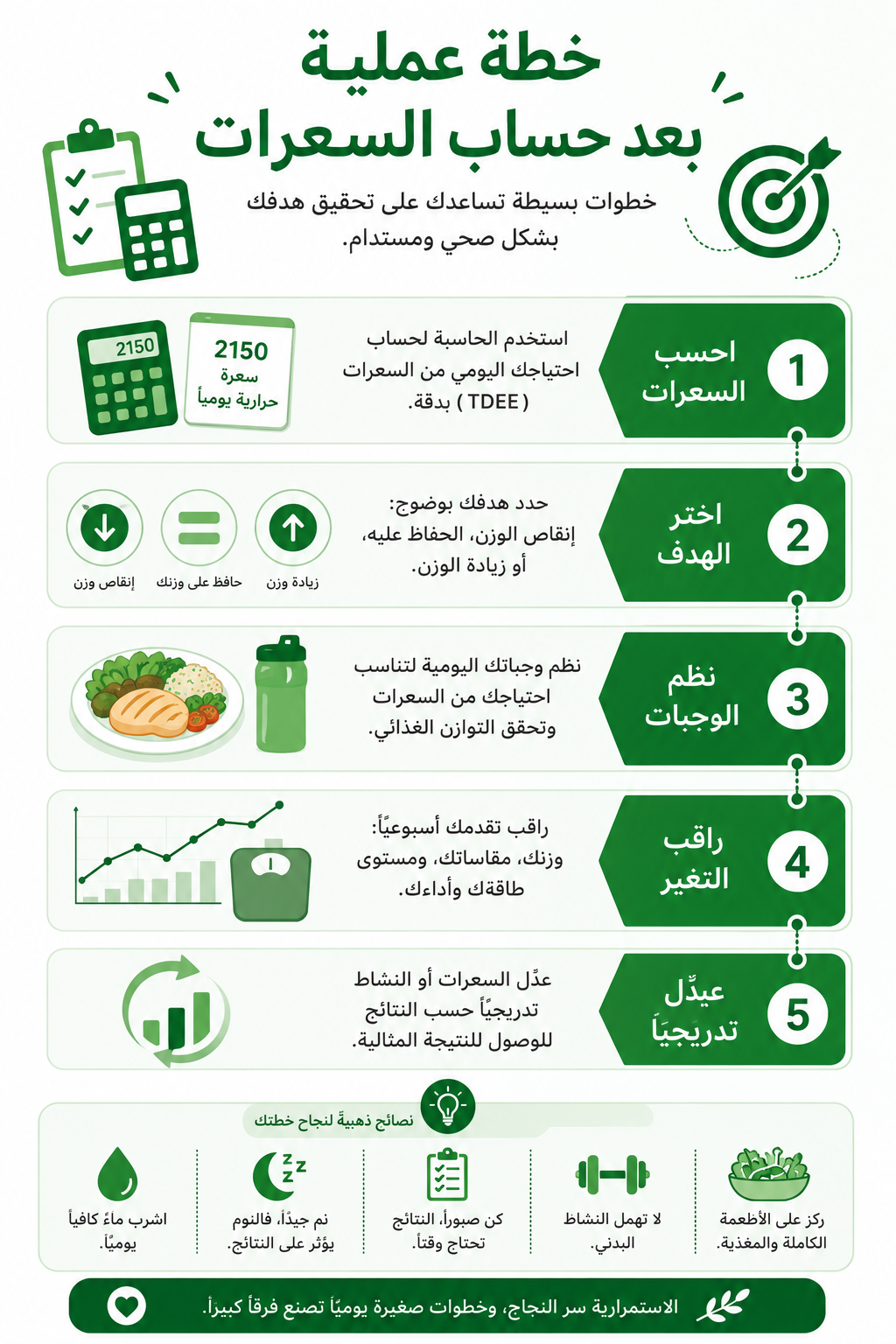 إنفوجرافيك عربي عن استخدام حاسبة السعرات الحرارية ضمن خطة صحية متوازنة.