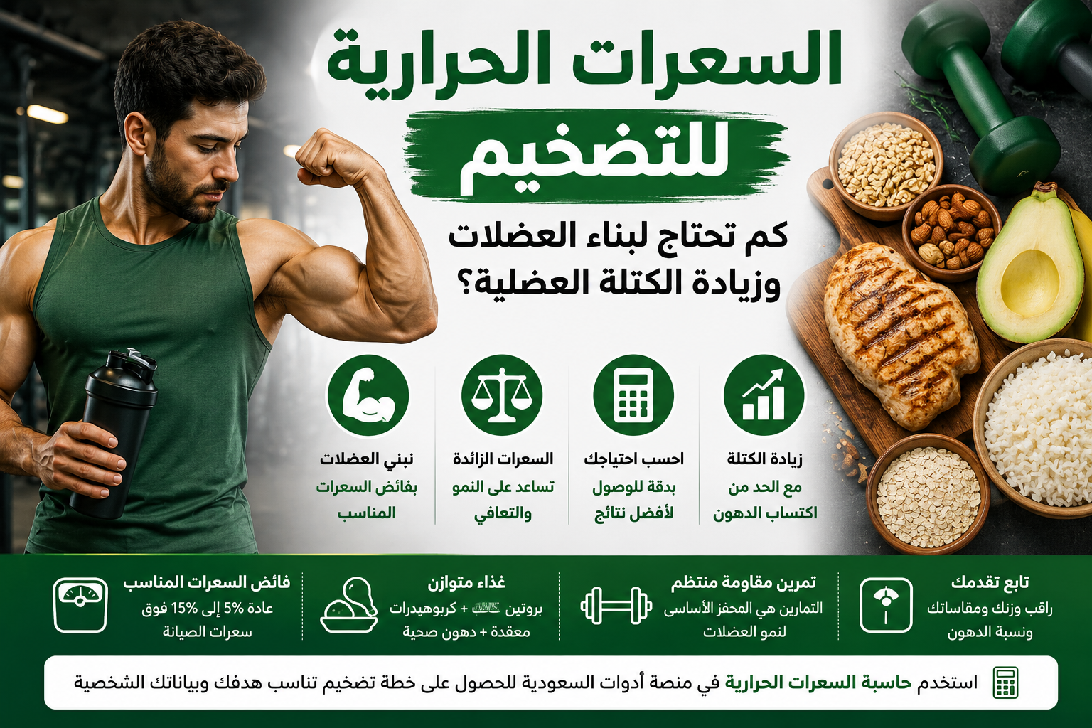 إنفوجرافيك يوضح كيفية حساب السعرات الحرارية للتضخيم من خلال حساب سعرات الثبات (TDEE) وإضافة فائض معتدل من السعرات لدعم بناء العضلات مع الحد من اكتساب الدهون، مع التركيز على البروتين وتمارين المقاومة.