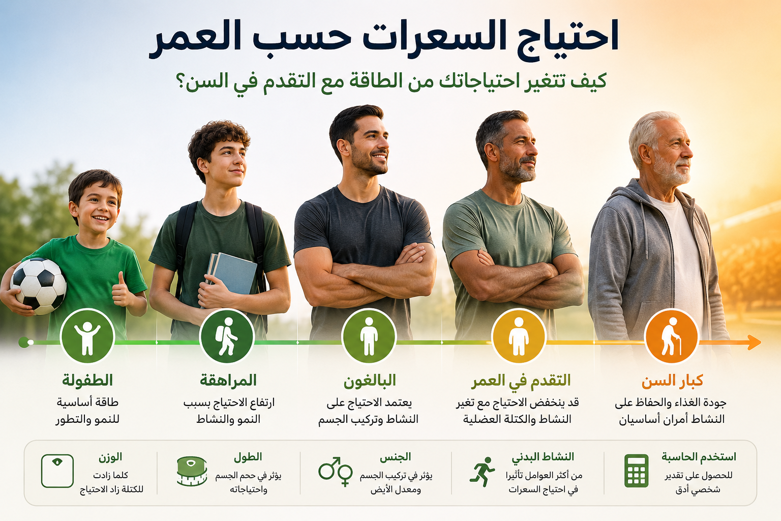 إنفوجرافيك يوضح كيف يتغير احتياج السعرات الحرارية حسب العمر، من مرحلة الطفولة والمراهقة إلى البلوغ وكبار السن، مع تأثير النمو والنشاط والكتلة العضلية في احتياجات الطاقة اليومية.