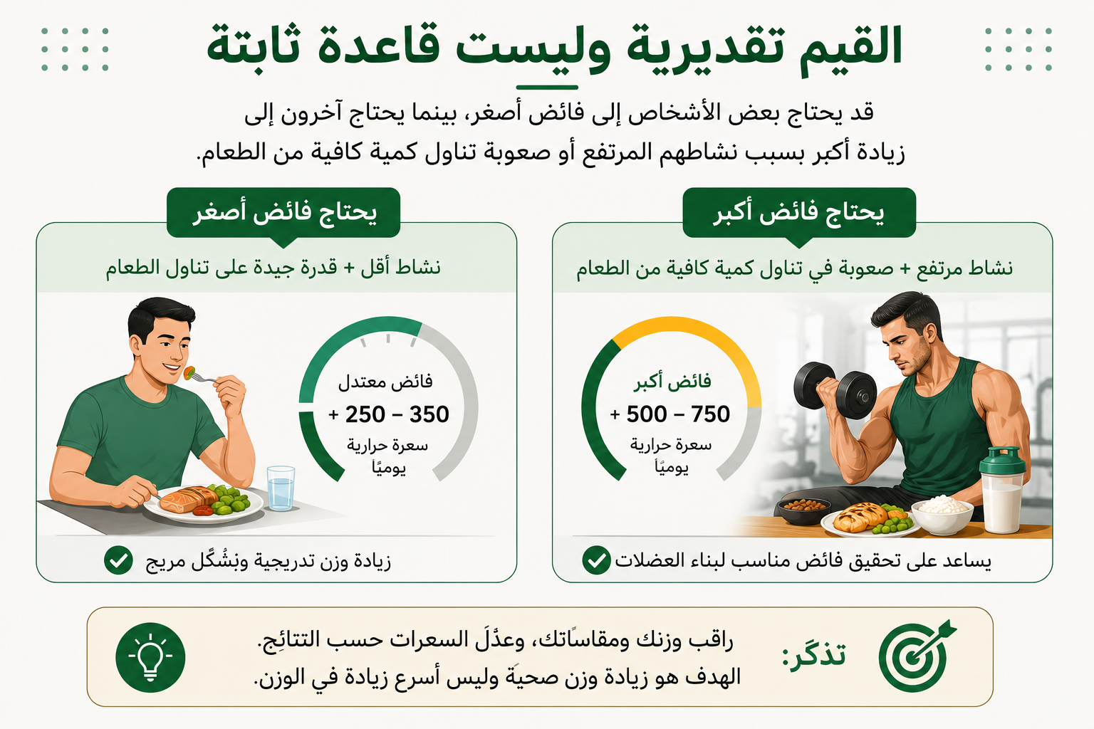 إنفوجرافيك يوضح أن فائض السعرات الحرارية المناسب لزيادة الوزن يختلف بين الأشخاص حسب مستوى النشاط وقدرتهم على تناول الطعام، ولا توجد قيمة ثابتة تناسب الجميع