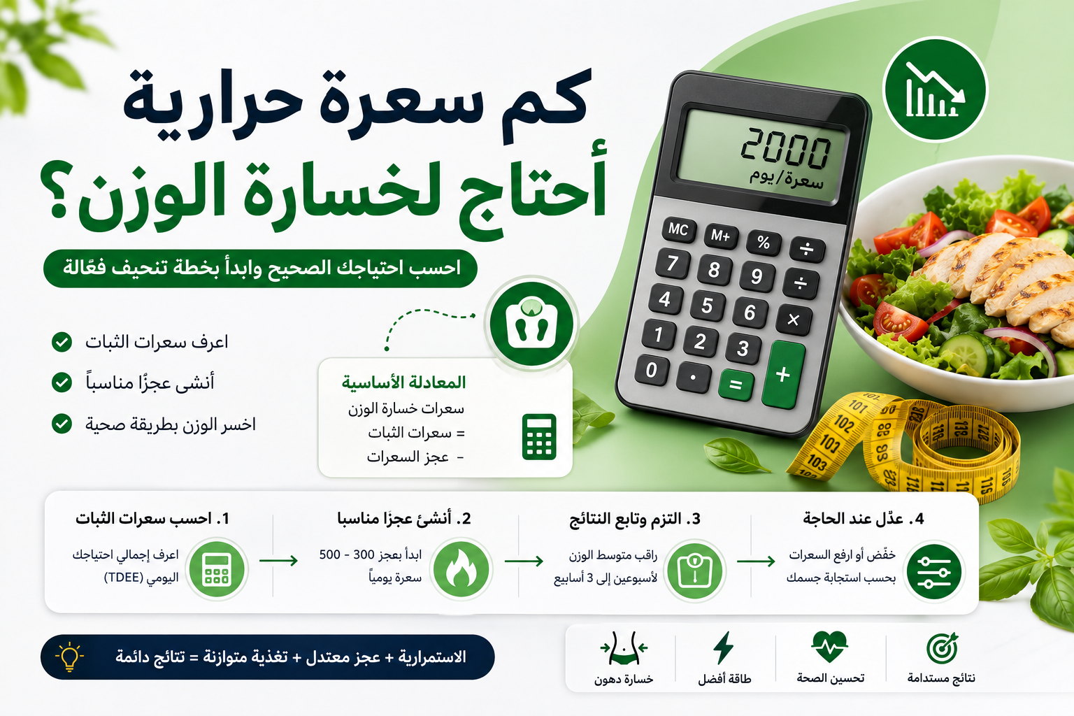 إنفوجرافيك يوضح كيفية حساب السعرات الحرارية اللازمة لخسارة الوزن من خلال حساب سعرات الثبات وإنشاء عجز مناسب في السعرات باستخدام حاسبة السعرات الحرارية.