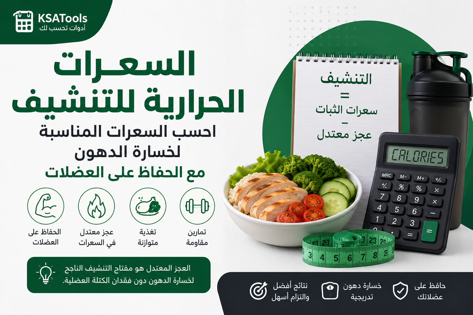 إنفوجرافيك يوضح كيفية حساب السعرات الحرارية للتنشيف من خلال حساب سعرات الثبات (TDEE) وإنشاء عجز معتدل في السعرات مع الحفاظ على الكتلة العضلية باستخدام تمارين المقاومة والبروتين.