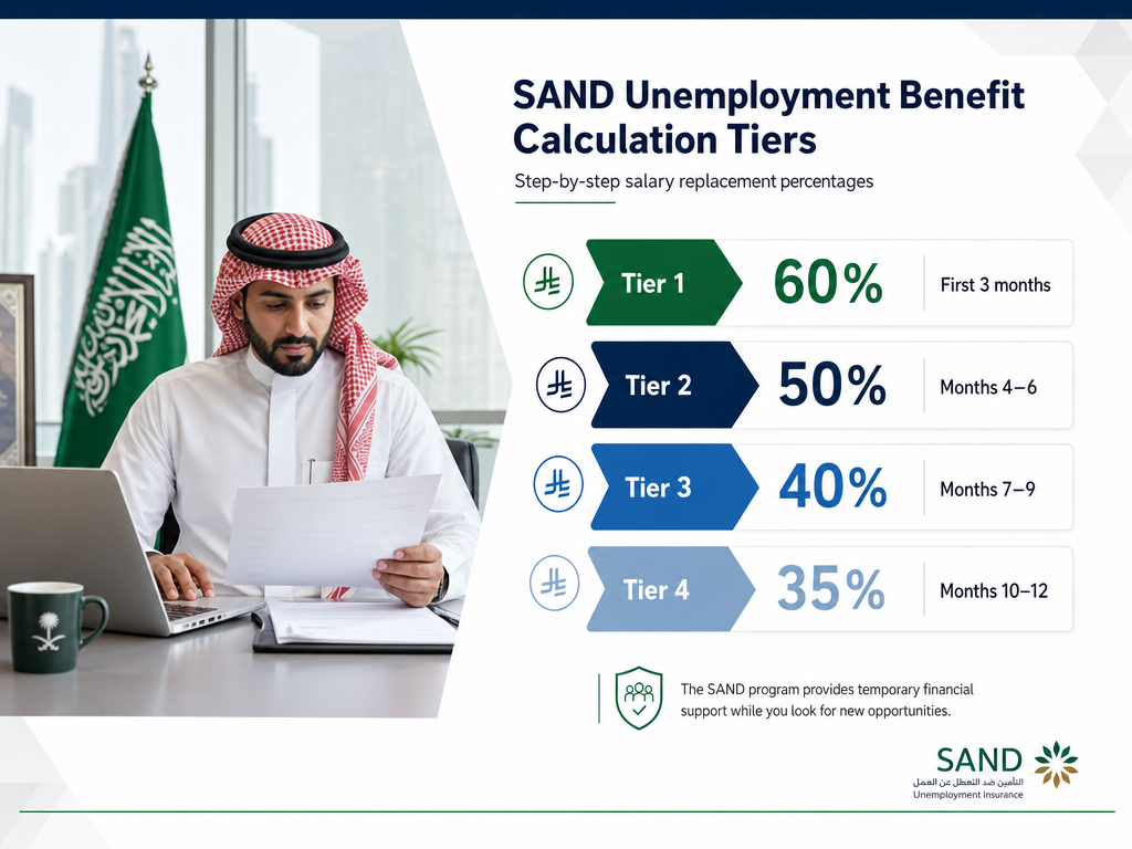 جدول نسب استحقاق إعانة ساند: 60% للأشهر الثلاثة الأولى ثم 50% ثم 40% ثم 35% وفق مدة الصرف