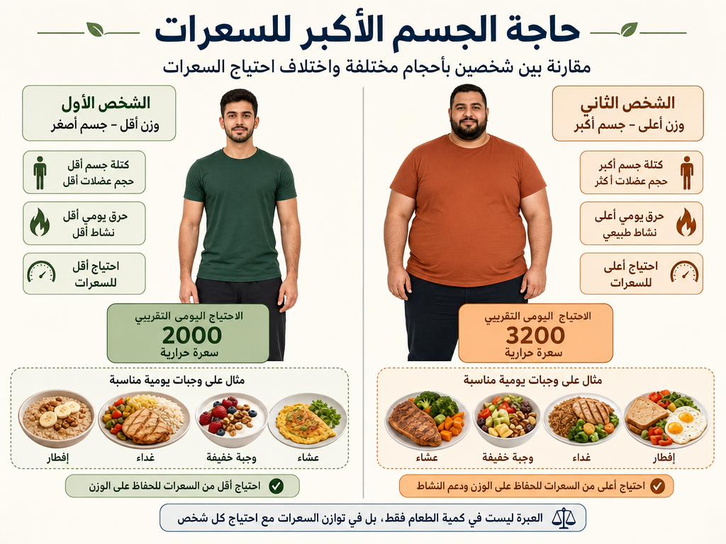 حاجة الجسم الأكبر للسعرات مقارنة احتياج السعرات لشخصين