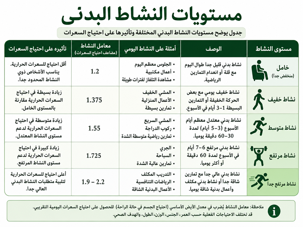 جدول يوضح مستويات النشاط البدني المختلفة