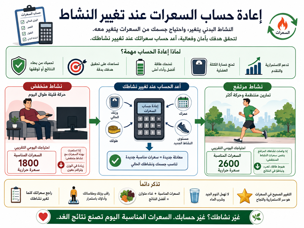 رسم توضيحي لإعادة حساب السعرات عند تغيير النشاط