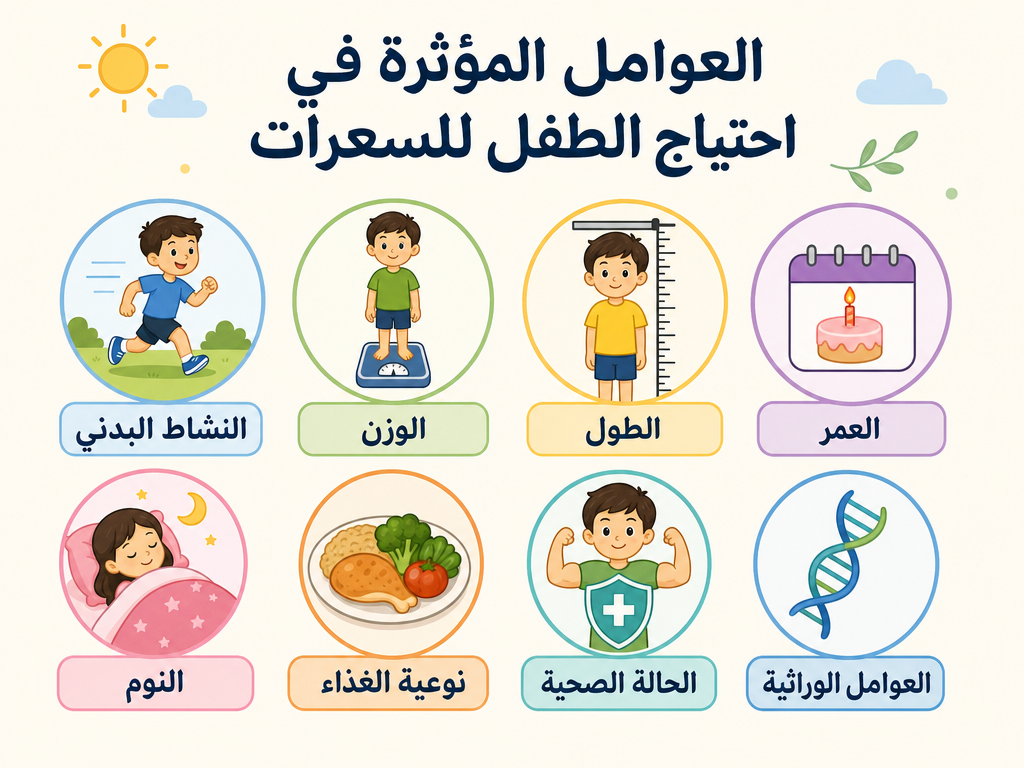 العوامل المؤثرة في احتياج الطفل للسعرات أيقونات لعوامل احتياج السعرات