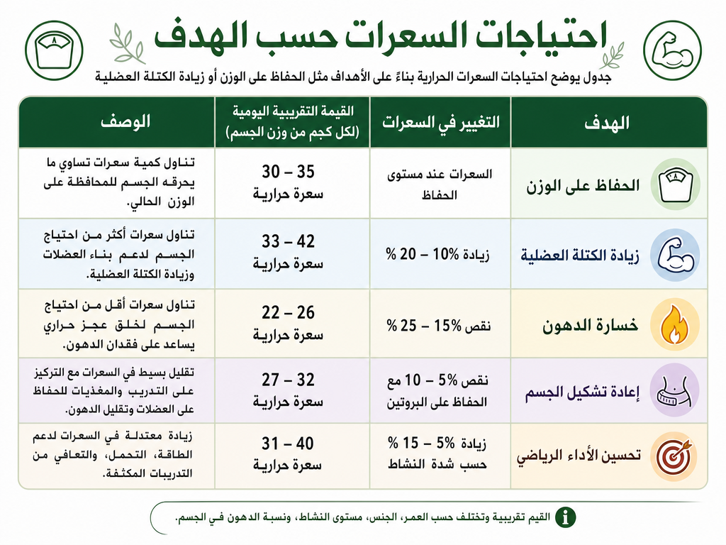 احتياجات السعرات حسب الهدف جدول احتياجات السعرات حسب الهدف