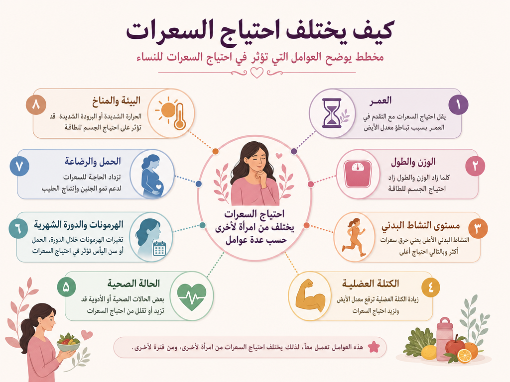كيف يختلف احتياج السعرات مخطط يوضح العوامل التي تؤثر في احتياج السعرات للنساء