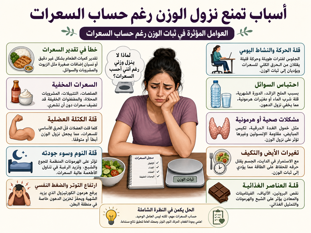 أسباب تمنع نزول الوزن رغم حساب السعرات صورة توضح الأسباب التي تمنع نزول الوزن رغم حساب السعرات