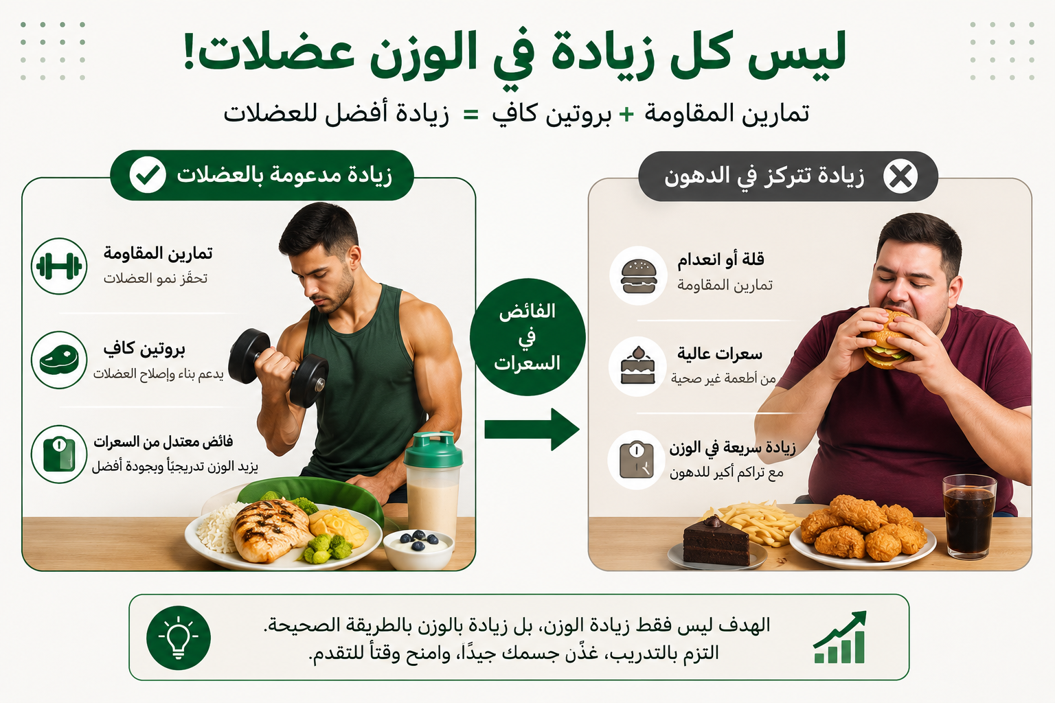 إنفوجرافيك يوضح كيف يساعد الجمع بين تمارين المقاومة وتناول كمية كافية من البروتين مع فائض معتدل من السعرات على دعم بناء الكتلة العضلية أثناء زيادة الوزن