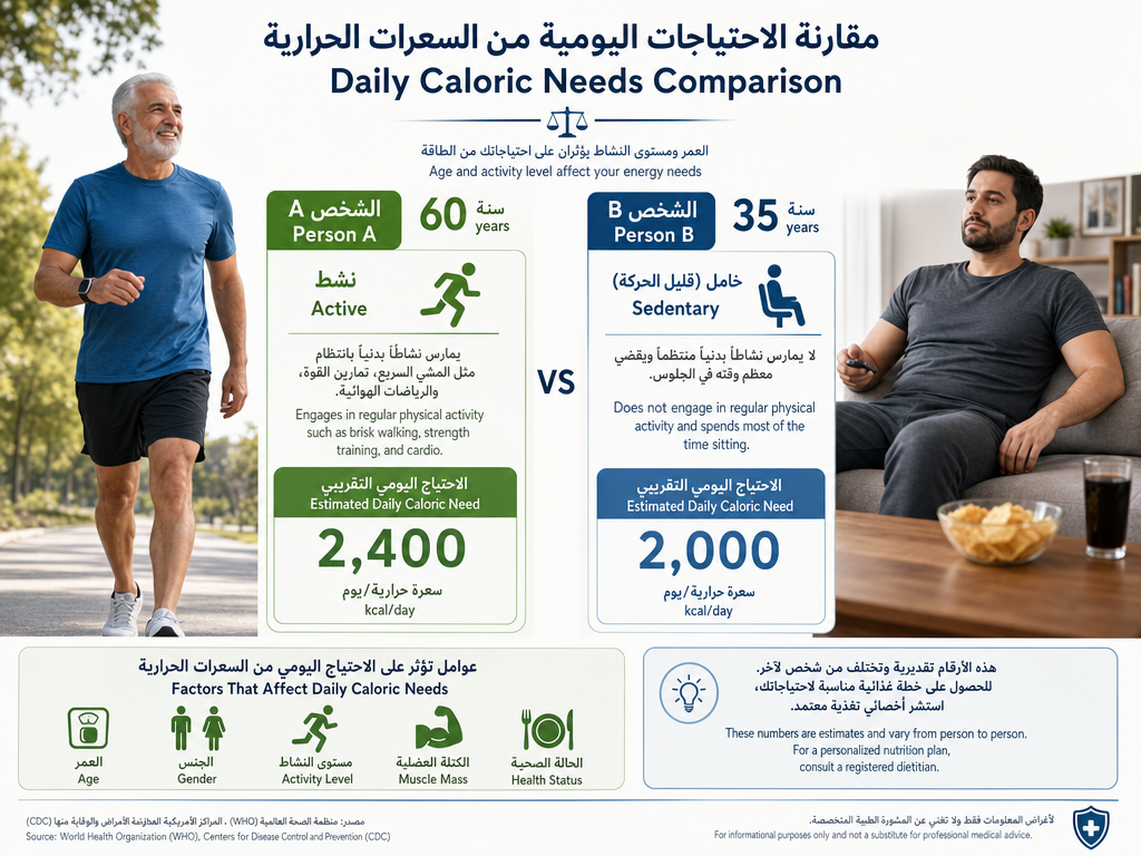 مقارنة بين احتياجات السعرات لشخصين بناءً على العمر ومستوى النشاط