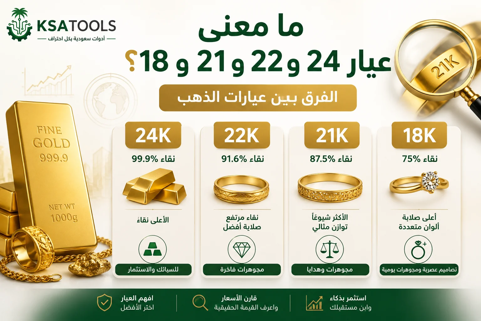 إنفوجرافيك يوضح الفرق بين عيارات الذهب 24 و22 و21 و18 من حيث نسبة النقاء والصلابة والاستخدام المناسب لكل عيار.