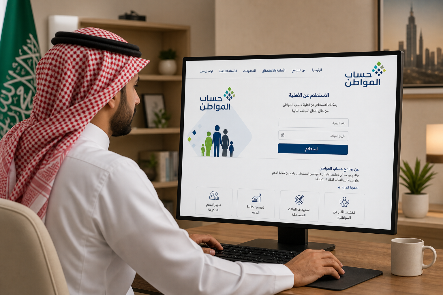 رجل سعودي يستعلم عن حساب المواطن باستخدام الكمبيوتر
