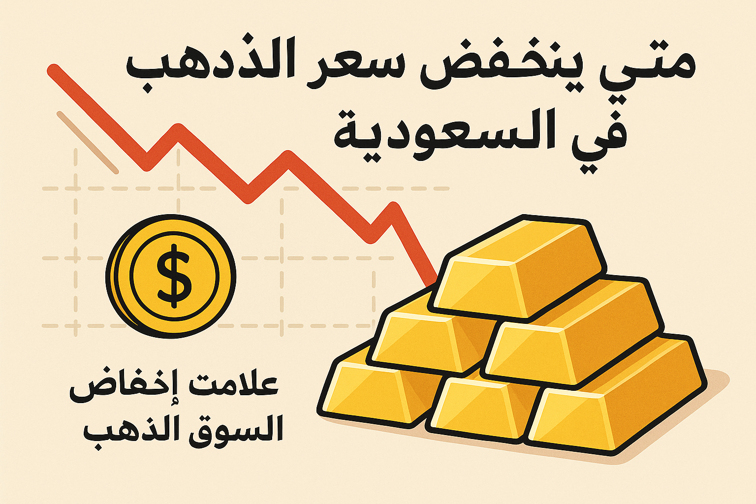 رسم توضيحي يظهر علامات انخفاض سعر الذهب في السوق السعودي مع نص عربي يوضح متى ينخفض سعر الذهب.