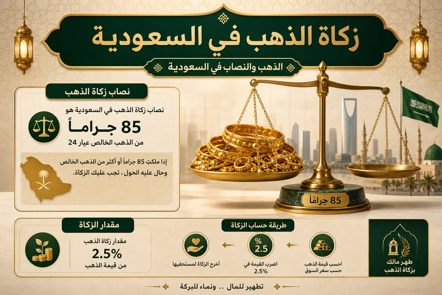 إنفوجرافيك يوضح زكاة الذهب ونصابه الشرعي في السعودية مع عنوان زكاة الذهب في السعودية.