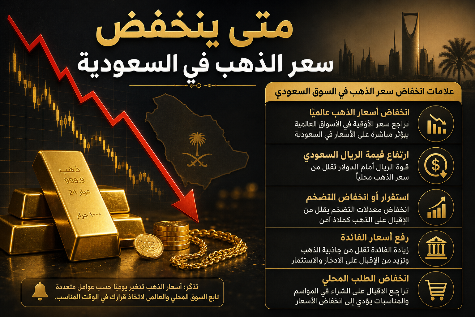 إنفوجرافيك ذهبي يوضح علامات انخفاض سعر الذهب في السوق السعودي مع عنوان متى ينخفض سعر الذهب في السعودية.