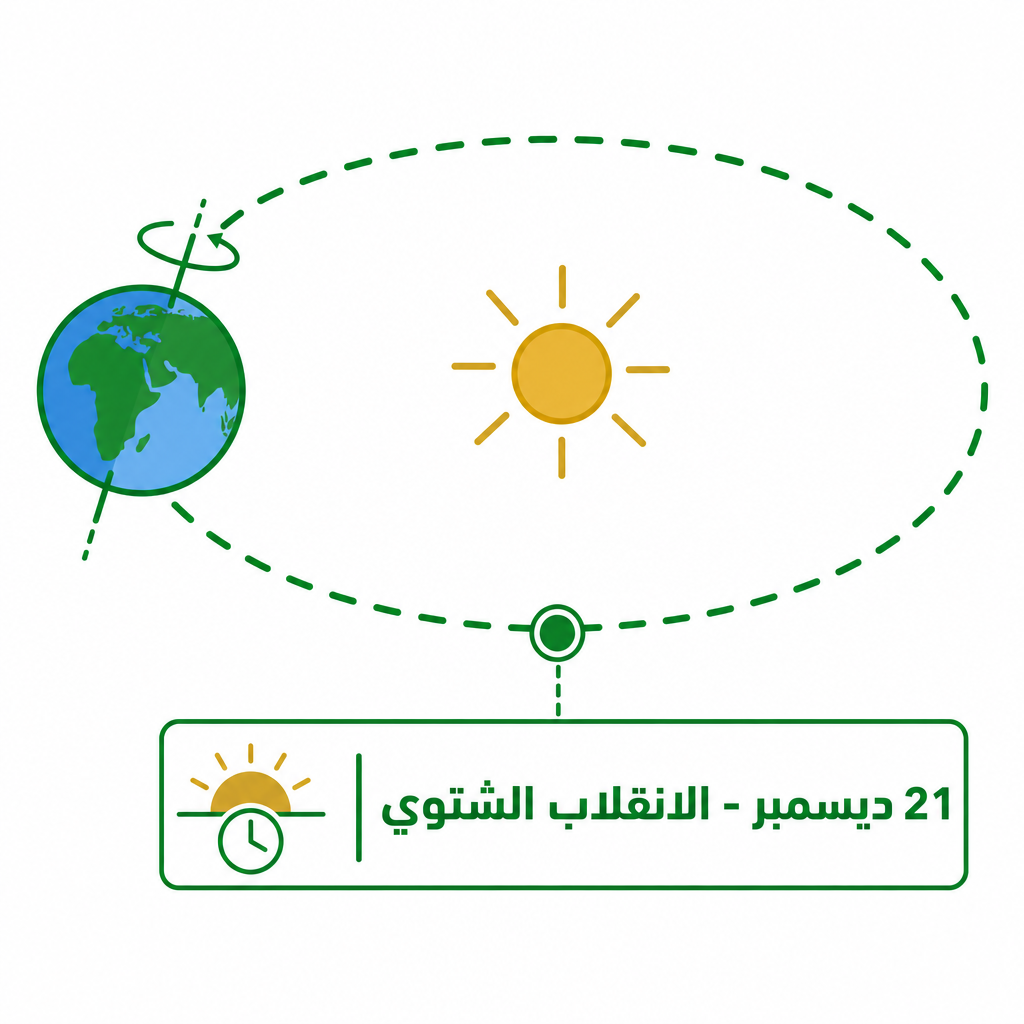 رسم توضيحي يشرح لحظة الانقلاب الشتوي ومدار الأرض حول الشمس